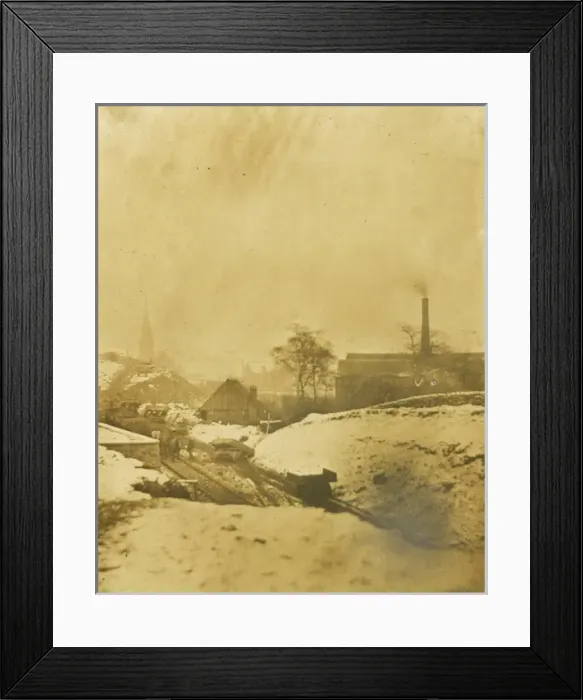 Framed Print : Railway scene with factory church and town Framed Print : Railway scene with factory church and town