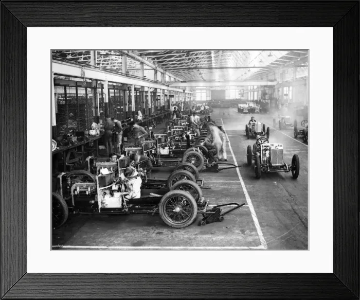 Framed Print : MG Midget chassis assembly and being driven, 1932 Framed Print : MG Midget chassis assembly and being driven, 1932