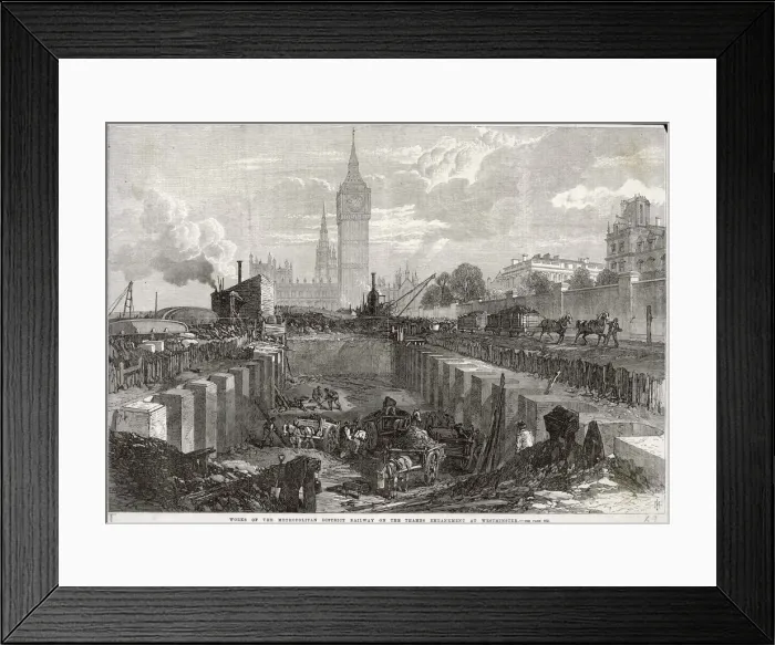 Framed Print : Underground railway works, Thames Embankment, London