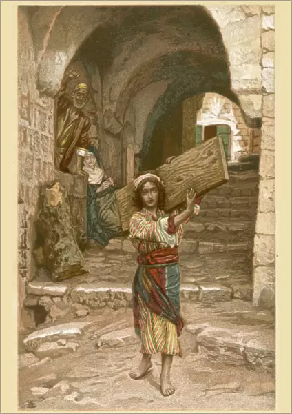 Jesus as a boy, carrying a plank of wood