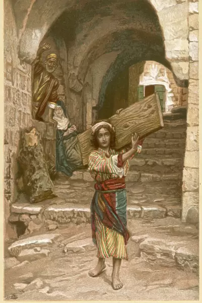 Jesus as a boy, carrying a plank of wood