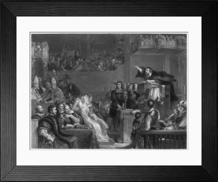 Framed Print : John Knox (1505-1572). Religious reformer preaches before the Lords of the Congregation Framed Print : John Knox (1505-1572). Religious reformer preaches before the Lords of the Congregation