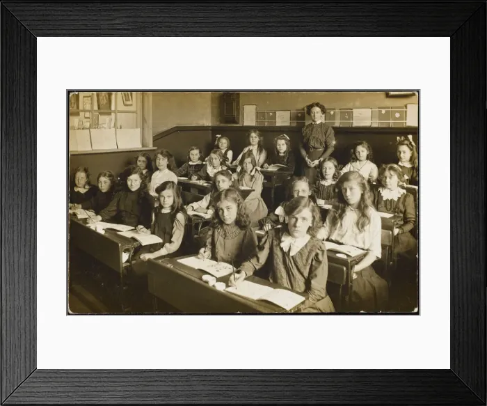 Framed Print : Class of girls with their teacher, Miss Bowls Framed Print : Class of girls with their teacher, Miss Bowls