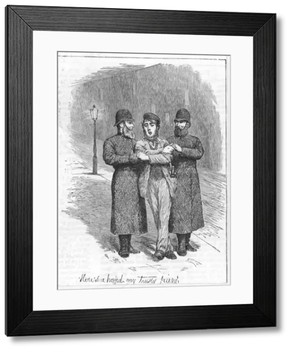 Framed Print : Two policemen guide a drunken man home Framed Print : Two policemen guide a drunken man home