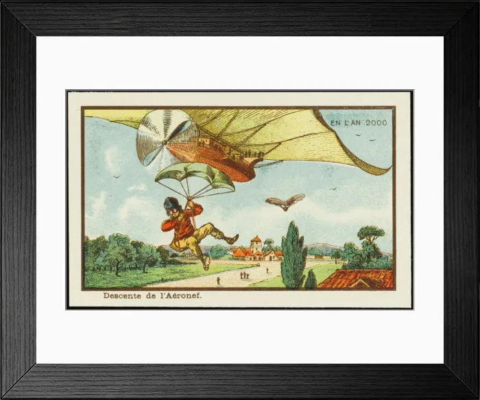 Framed Print : Futuristic pilot leaving his airship by parachute Framed Print : Futuristic pilot leaving his airship by parachute