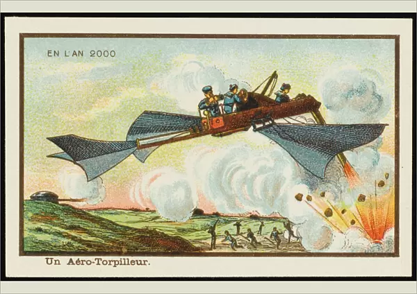 Futuristic aeroplane dropping bombs