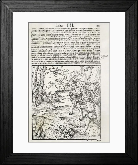 Framed Print : William Tell shooting the apple off his sons head Framed Print : William Tell shooting the apple off his sons head