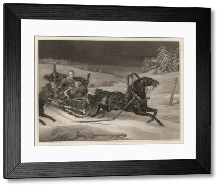Framed Print : Mother and children frightened by wolves Framed Print : Mother and children frightened by wolves