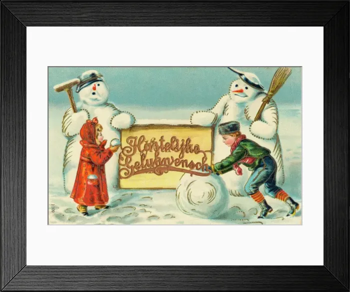 Framed Print : Two Dutch children with two snowmen Framed Print : Two Dutch children with two snowmen