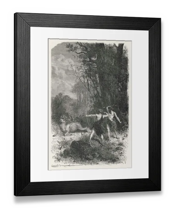 Framed Print : Hunting deer during the Palaeolithic Era Framed Print : Hunting deer during the Palaeolithic Era