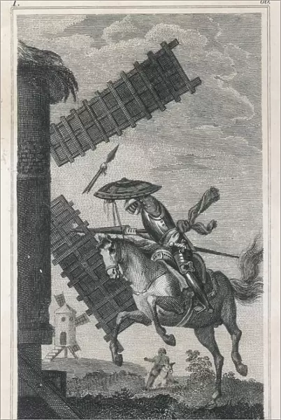 Don Quixote attacks a windmill