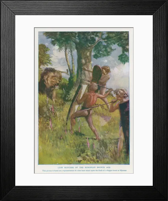 Framed Print : Bronze Age hunters with a lion Framed Print : Bronze Age hunters with a lion