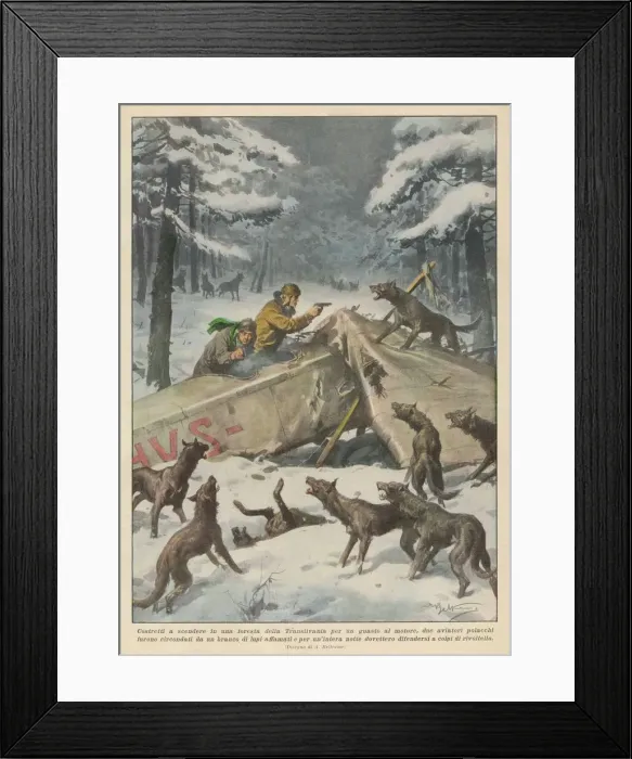 Framed Print : Two Polish aviators confronted by hungry wolves Framed Print : Two Polish aviators confronted by hungry wolves