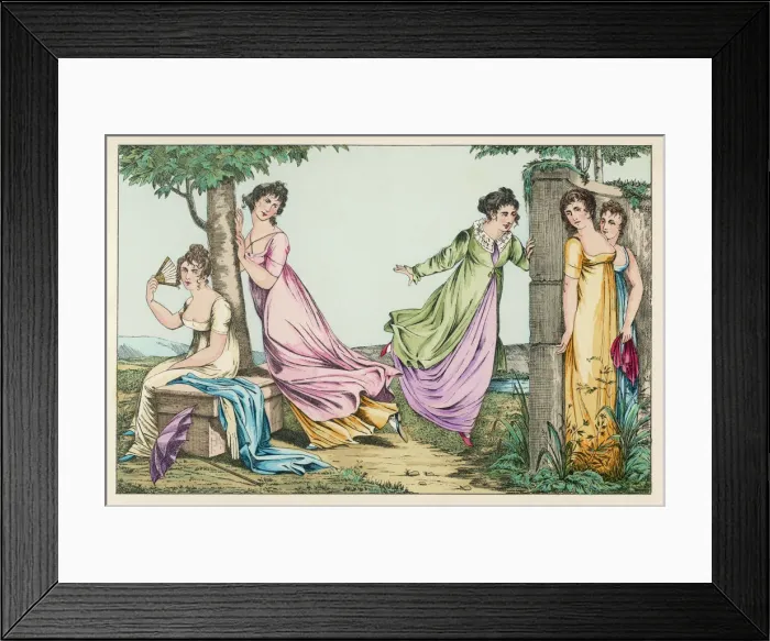 Framed Print : Five ladies playing hide and seek in a garden Framed Print : Five ladies playing hide and seek in a garden