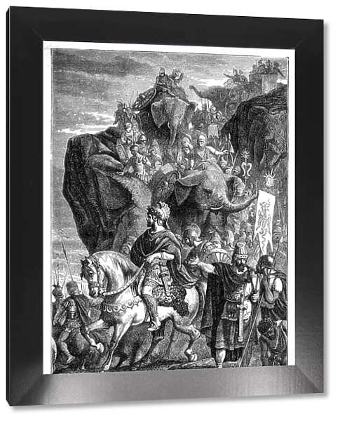 Hannibal crossing the Alps with his army and elephants