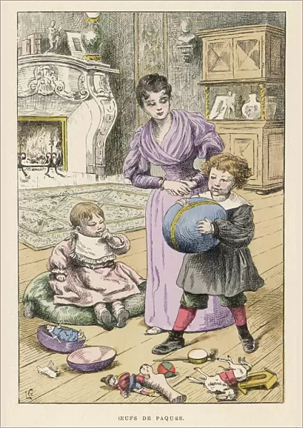 Mother and children with Easter eggs and toys