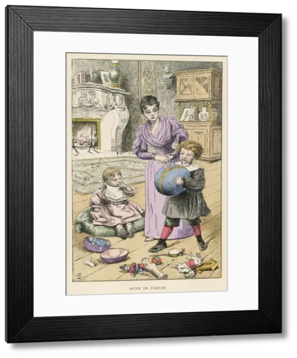 Framed Print : Mother and children with Easter eggs and toys Framed Print : Mother and children with Easter eggs and toys