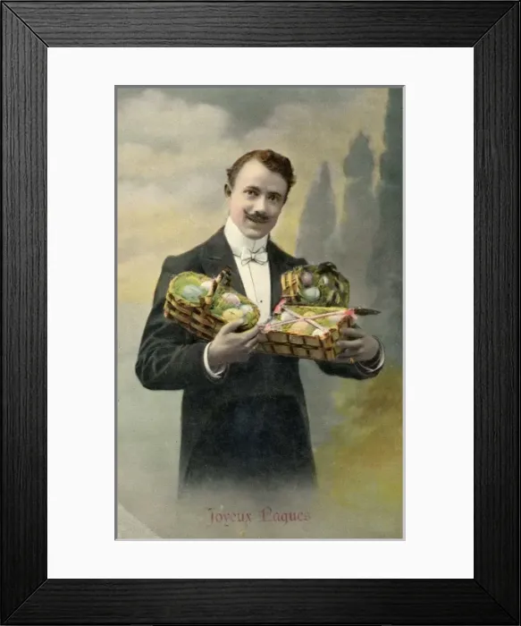 Framed Print : Well-dressed man with armful of Easter eggs Framed Print : Well-dressed man with armful of Easter eggs