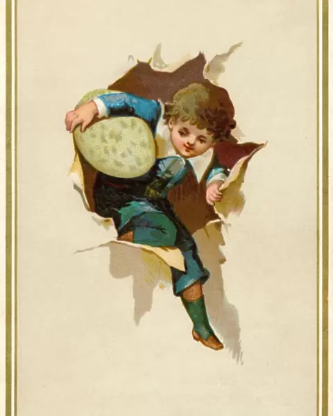 Little boy with an Easter egg bursting through paper