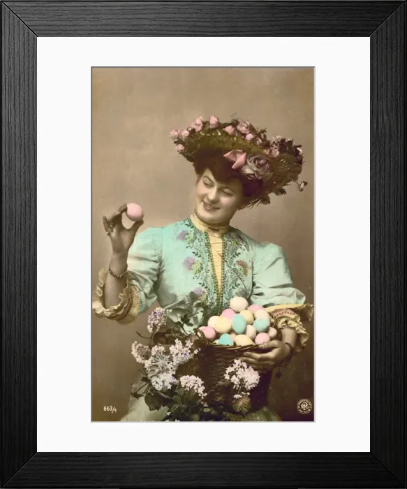 Framed Print : Lady with a basket full of decorated Easter eggs Framed Print : Lady with a basket full of decorated Easter eggs