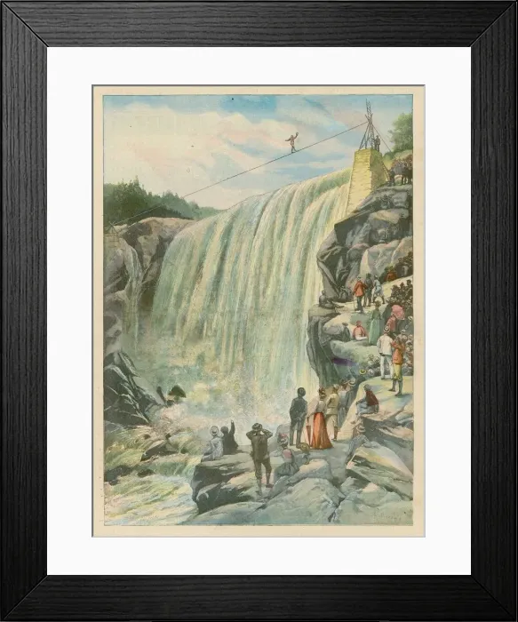 Framed Print : Tightrope walker crossing falls near Quebec, Canada Framed Print : Tightrope walker crossing falls near Quebec, Canada