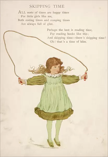 Little girl in green skipping with a rope
