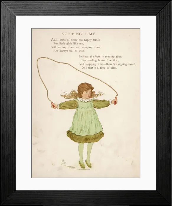 Framed Print : Little girl in green skipping with a rope Framed Print : Little girl in green skipping with a rope