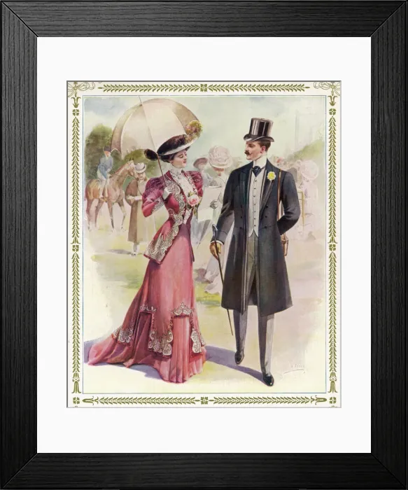Framed Print : Couple at the races in a costume brochure Framed Print : Couple at the races in a costume brochure