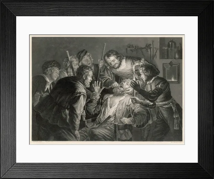 Framed Print : Flemish tooth-drawer with patient and audience Framed Print : Flemish tooth-drawer with patient and audience