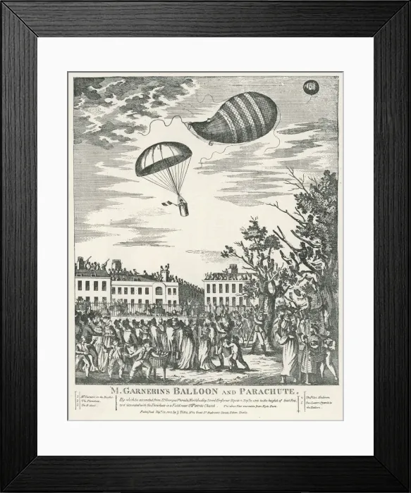 Framed Print : PARACHUTE. Jacques Garnerin demonstrates his parachute in London, ascending by balloon Framed Print : PARACHUTE. Jacques Garnerin demonstrates his parachute in London, ascending by balloon