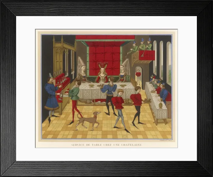 Framed Print : BANQUET. Dinner-time in a noble chateau - the chatelaine dines with her Framed Print : BANQUET. Dinner-time in a noble chateau - the chatelaine dines with her