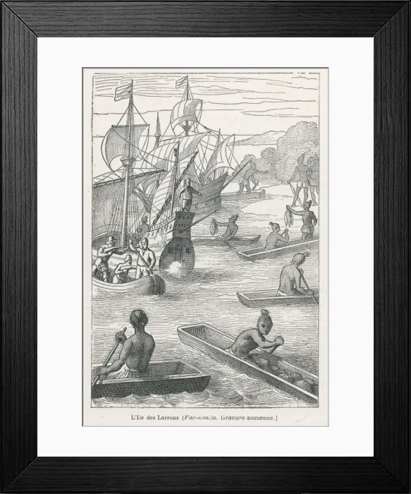 Framed Print : MAGELLAN. Magellans ships reach the Ladrone Islands, in the Pacific off the Panama coast Framed Print : MAGELLAN. Magellans ships reach the Ladrone Islands, in the Pacific off the Panama coast