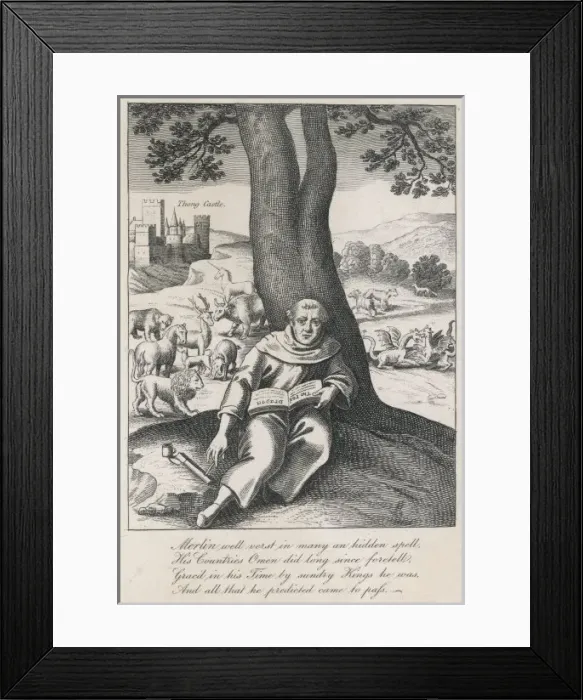 Framed Print : MERLIN. at Thong castle, reading a magic book The Red Dragon while dragons, lions Framed Print : MERLIN. at Thong castle, reading a magic book The Red Dragon while dragons, lions