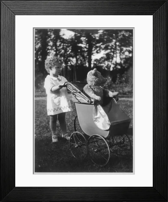 Framed Print : Girl Pushs Ted in Pram Framed Print : Girl Pushs Ted in Pram