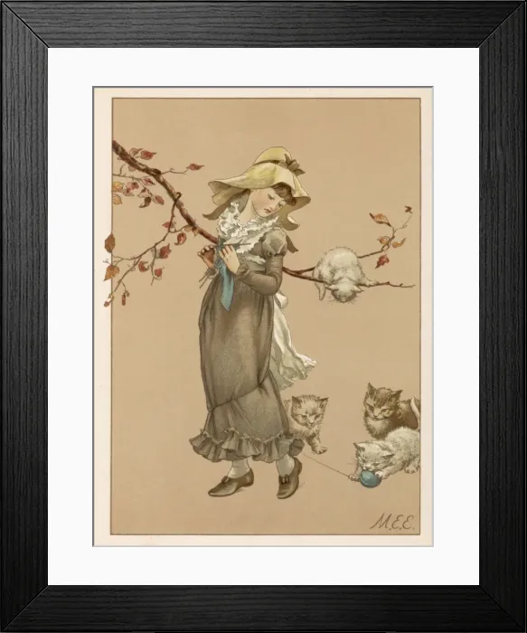 Framed Print : Girl and Kittens C1875 Framed Print : Girl and Kittens C1875