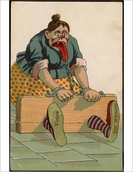 Suffragette woman in the stocks, unsympathetic cartoon