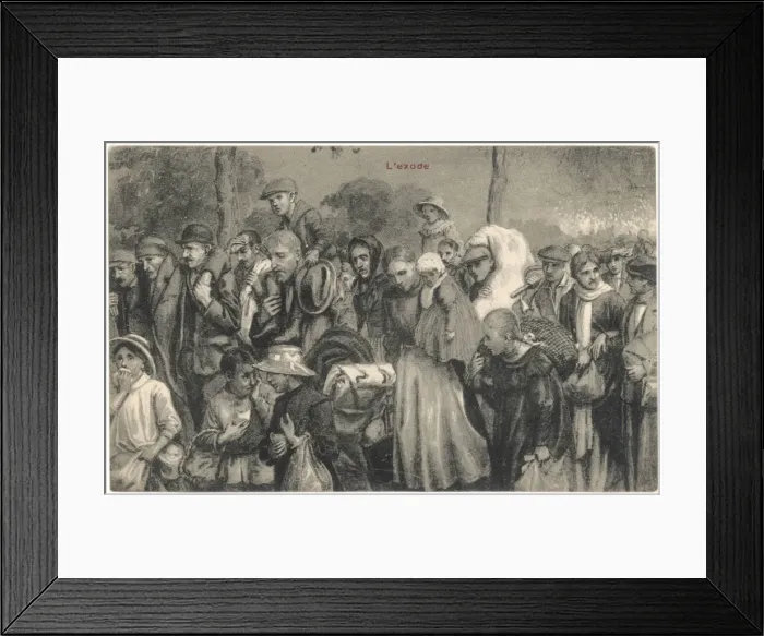 Framed Print : REFUGEES. A crowd of refugees flee from a burning town - whence they come, we know not Framed Print : REFUGEES. A crowd of refugees flee from a burning town - whence they come, we know not