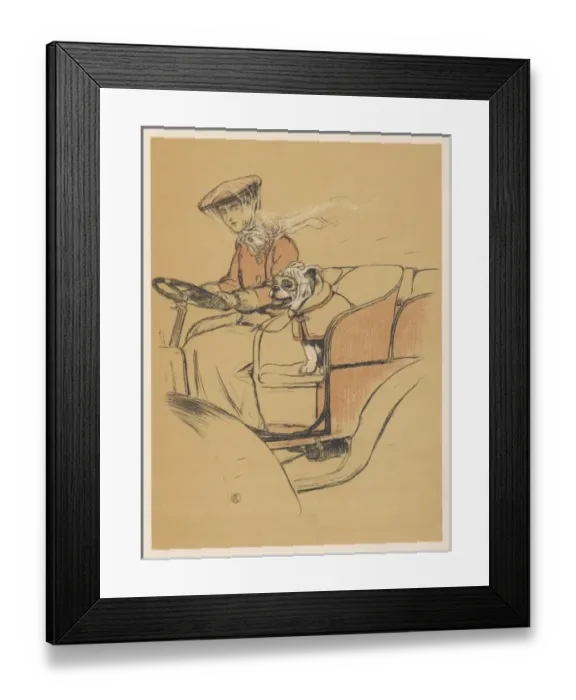 Framed Print : Woman & Dog in Open Car Framed Print : Woman & Dog in Open Car