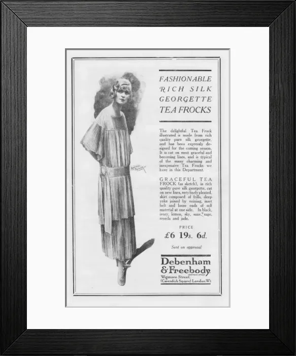 Framed Print : Advert for Debenham & Freebody rich silk georgette tea frock Framed Print : Advert for Debenham & Freebody rich silk georgette tea frock