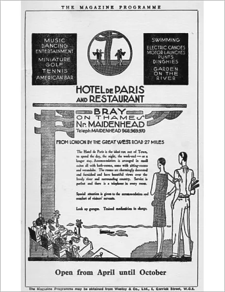 Advert for the Hotel de Paris and Restaurant at Bray, 1931