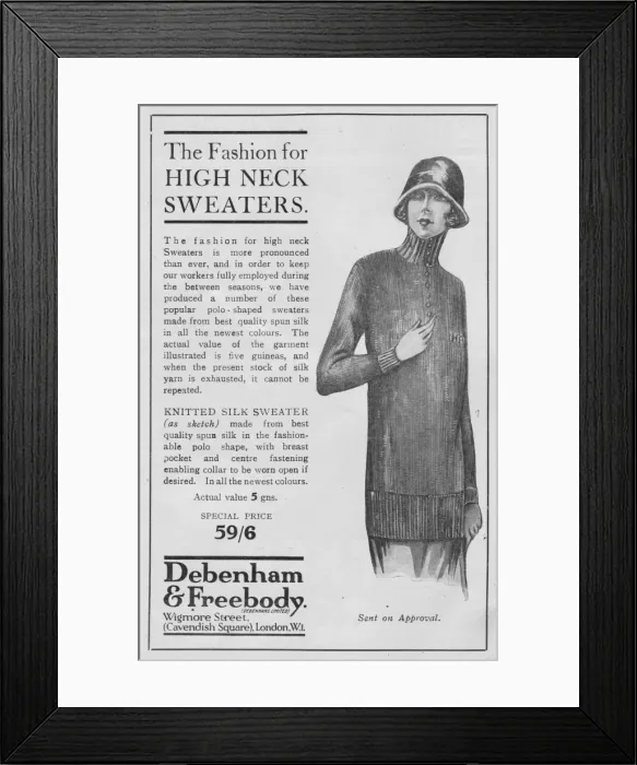 Framed Print : Advert for Debenham & Freebody high neck sweaters, 1924 Framed Print : Advert for Debenham & Freebody high neck sweaters, 1924