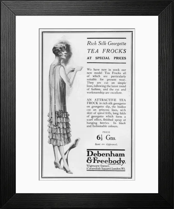 Framed Print : Advert for Debenham & Freebody rich silk georgette tea frock Framed Print : Advert for Debenham & Freebody rich silk georgette tea frock