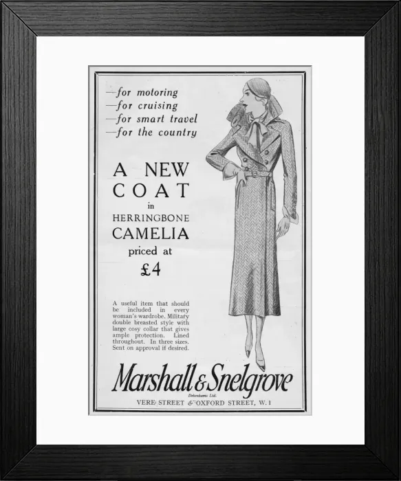 Framed Print : Advert for Marshall & Snelgrove herringbone camelia coat, 19 Framed Print : Advert for Marshall & Snelgrove herringbone camelia coat, 19