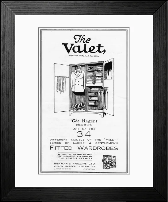 Framed Print : Advert for The Valet fitted wardrobes, 1927 Framed Print : Advert for The Valet fitted wardrobes, 1927
