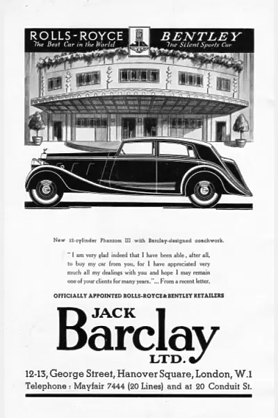 Advert for Jack Barclay & Rolls-Royce, 1930s