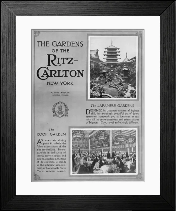Framed Print : Advert for the Gardens of the Ritz-Carlton Hotel, New York Framed Print : Advert for the Gardens of the Ritz-Carlton Hotel, New York