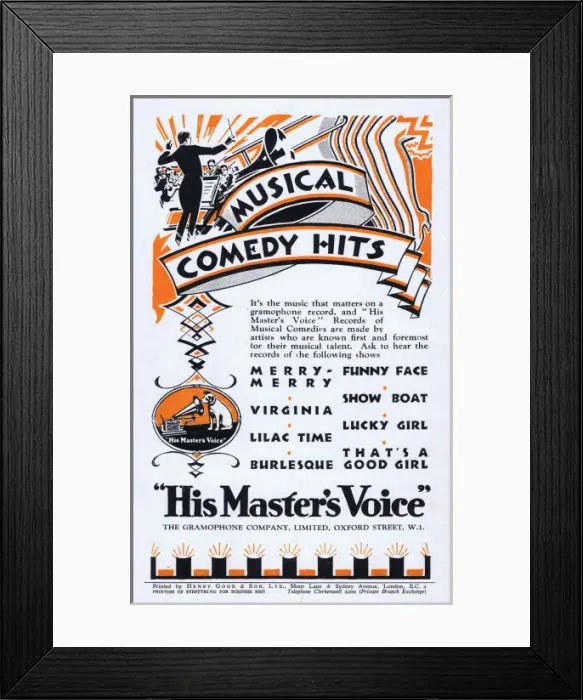 Framed Print : Advert for His Masters Voice, Musical Comedy Hits, 1920s Framed Print : Advert for His Masters Voice, Musical Comedy Hits, 1920s