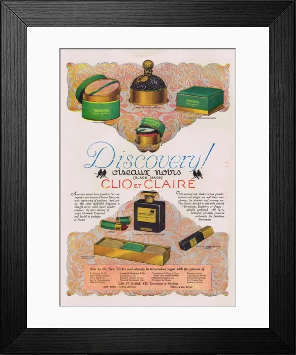 Framed Print : Advert for Clio and Claires Oiseaux Noirs perfume and tiole Framed Print : Advert for Clio and Claires Oiseaux Noirs perfume and tiole