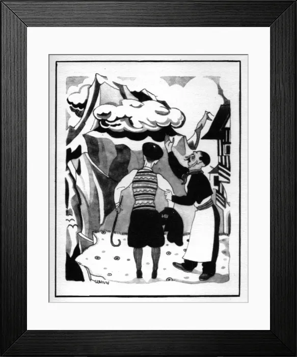 Framed Print : Sketch of two men looking at clouds in the Pyrenees, 1920s Framed Print : Sketch of two men looking at clouds in the Pyrenees, 1920s