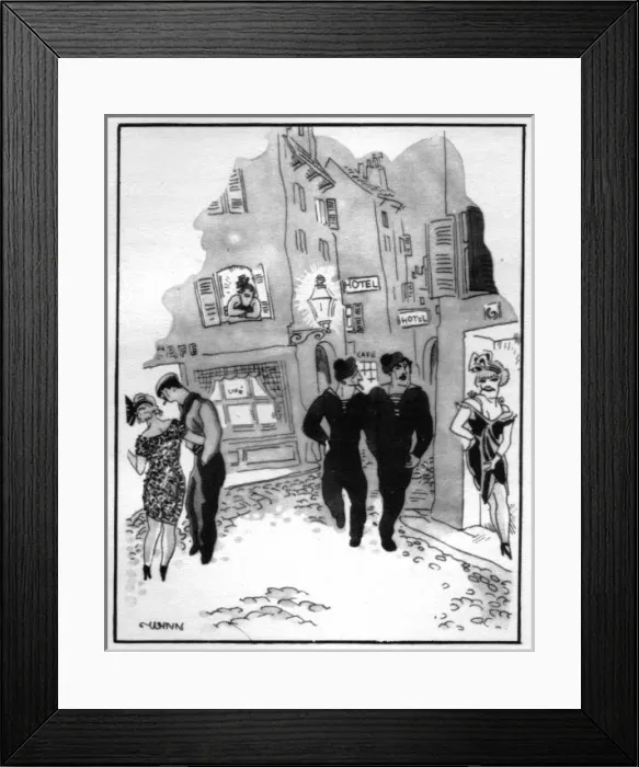 Framed Print : Sketch of a typical street scene in Marseilles, 1920s